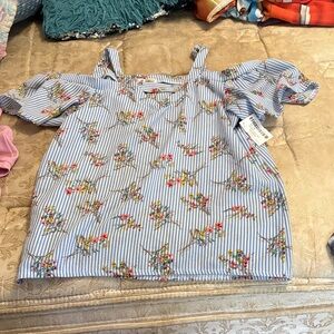 REVOLVE Blue and White Striped Floral Cold-Shoulder Blouse